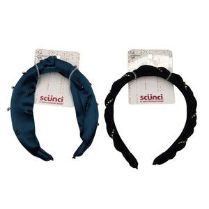 Scunci Deep Teal and Black Fabric Hair‎ Headband 2 Pcs Set with Jewels Bundle